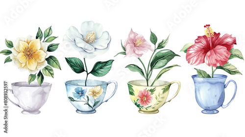 Arrangement of tea flowers Jasmine  Chamomile  Rose  Hibiscus in watercolor  isolated as clipart on transparent background