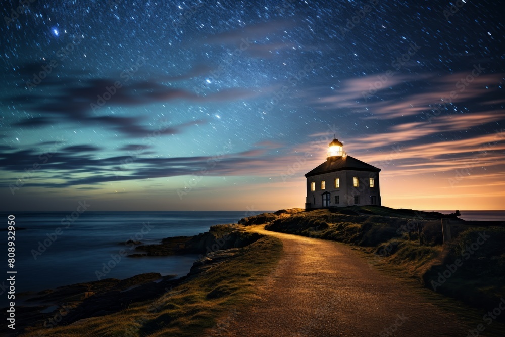 A Scenic Nighttime View of a Coastal Observatory with a Distant Lighthouse and Starry Sky