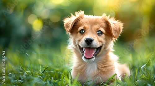 Adorable puppy happily posing in sunny park, perfect for family and pet lovers. Smiling dog enjoys summer day. Joyful pet portrait in natural setting. AI