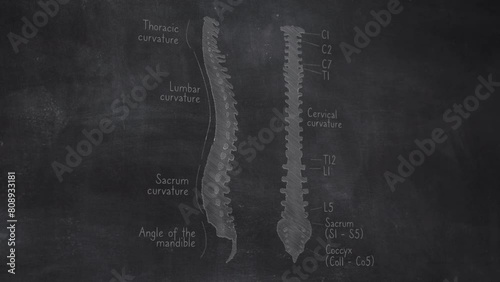 uman Spine Vertebral Column Anatomy Hand Drawn On Chalkboard photo