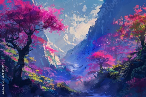 enchanting aigenerated landscape with lush trees and vibrant colors digital painting photo