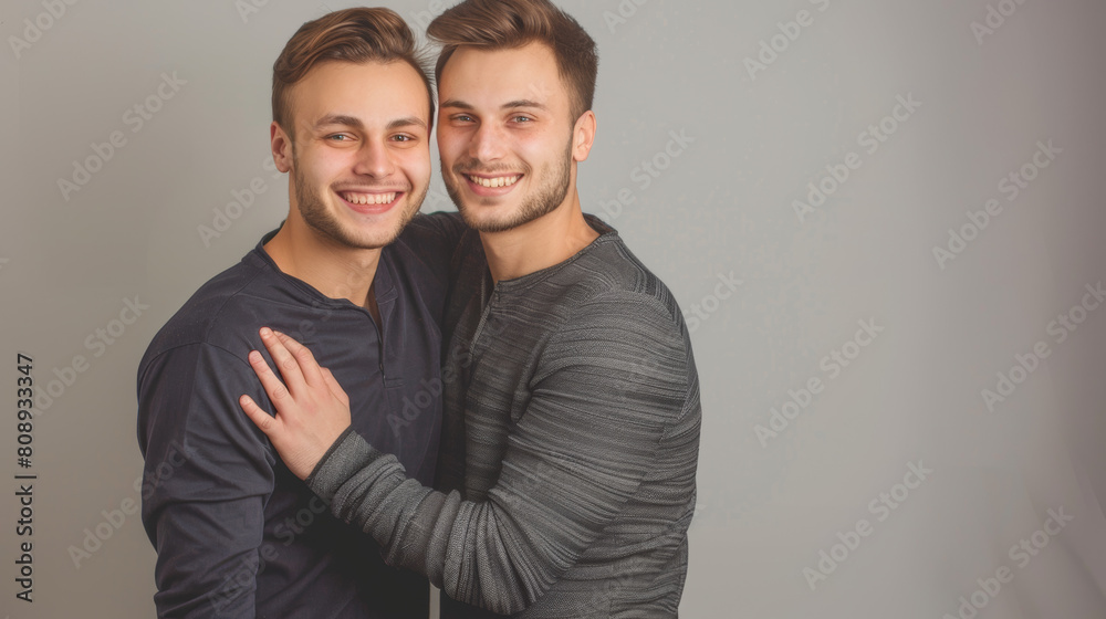 Carefree young gay couple standing together in a studio. Two affectionate male lovers smiling cheerfully while embracing each other against a studio background. Young gay coupe being romantic. Stock P Carefree young gay couple standing together in a studio. Two affectionate male lovers smiling cheerfully while embracing each other against a studio background. Young gay coupe being romantic. Stock P