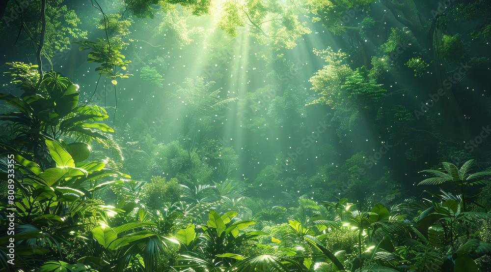 Obraz premium Stunning view of a lush forest with organic plants lit by subtle electrical sparks. Generative AI.