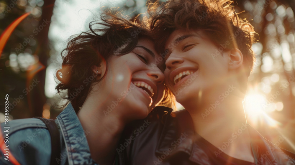 Cheerful couple embracing each other outdoors. Happy young queer couple smiling cheerfully while standing together during the day. Young LGBTQ+ couple spending quality time together. Stock Photo photo