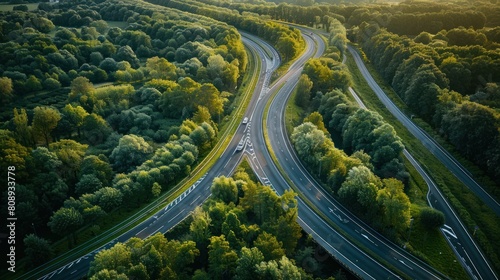 Aerial view by drone of the Ecoduct De Borkeld for the wildlife, crossing above multiple highway with bicycle lane bridge and people commuting in the green Netherlands during springtime.