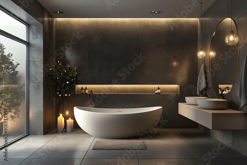 The image shows a modern bathroom with a large bathtub  a sink  and a toilet