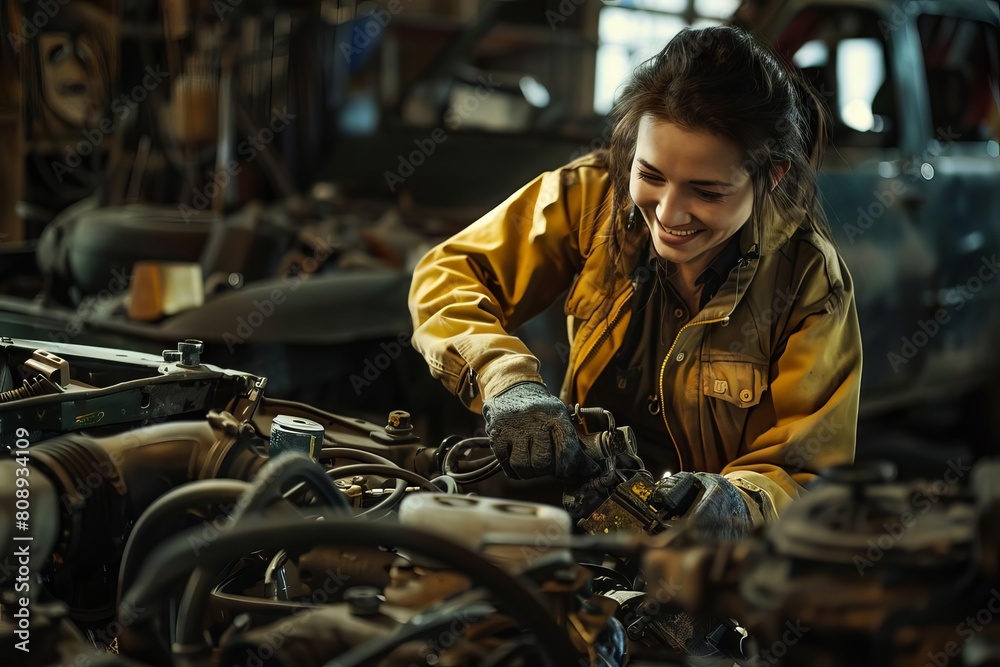 female mechanic joyfully repairing car engine finding delight in her work cheerful portrait photography female mechanic joyfully repairing car engine finding delight in her work cheerful portrait photography