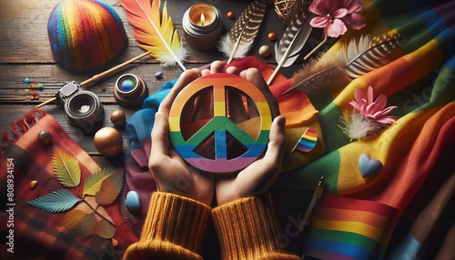 Peace Zeichen in Regenbogenfarben als flatlay, Pride, LGBT Community