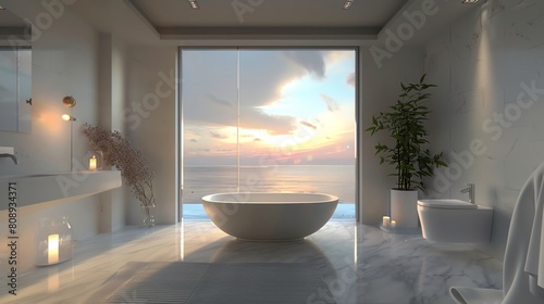The photo shows a beautiful bathroom with a large bathtub  a stunning view of the ocean  and a bright sky.