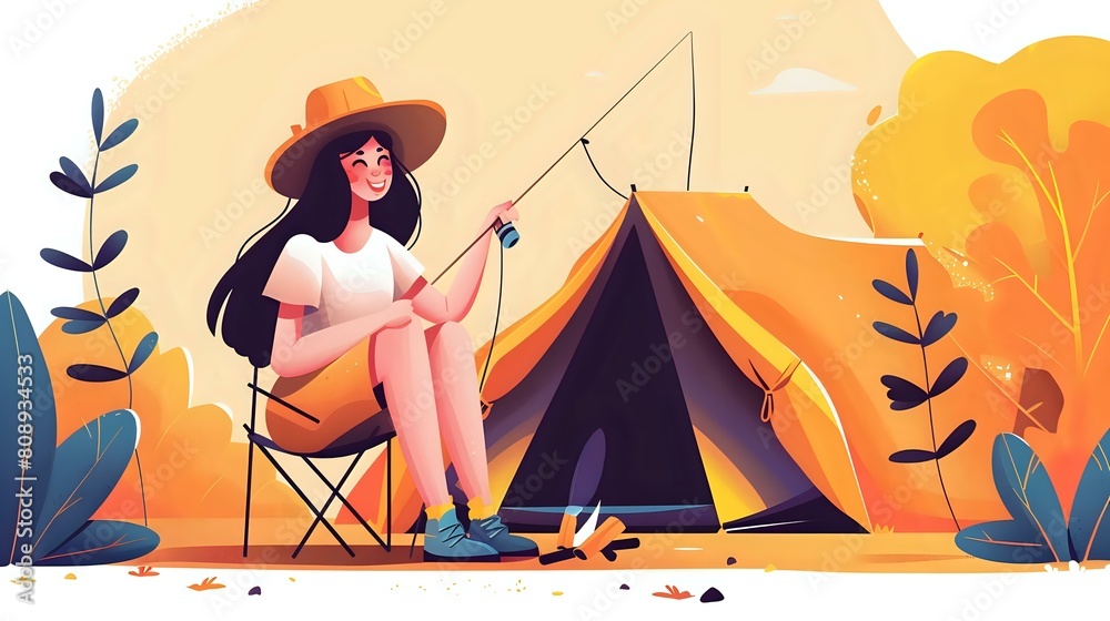 Fototapeta premium Woman embracing the contentment of camping in the great outdoors