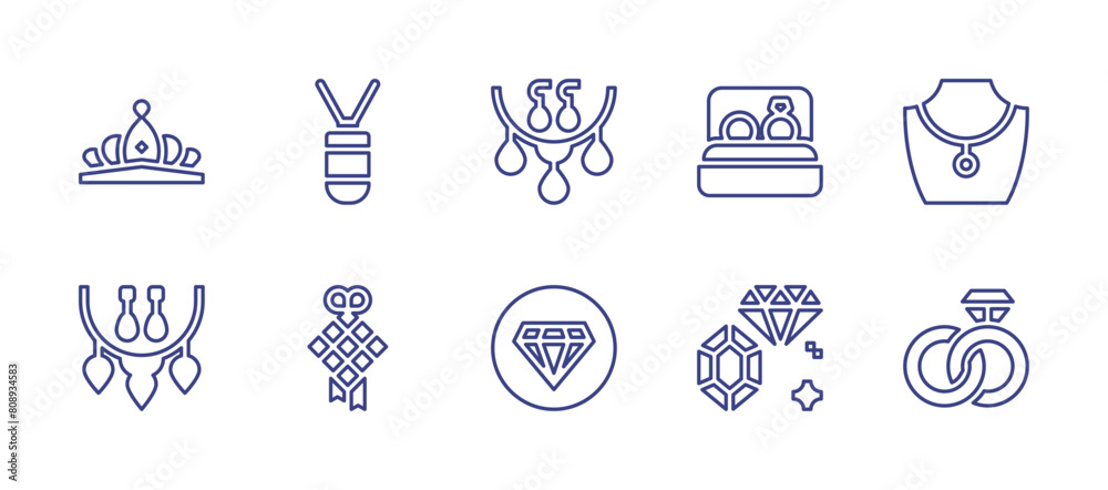 Jewelry line icon set. Editable stroke. Vector illustration. Containing jewelry, diamond, tiara, engagement, necklace, marriage.