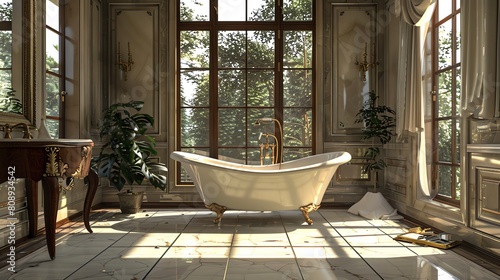 The photo shows a classic and elegant bathroom with a large bathtub, a few plants, and a table