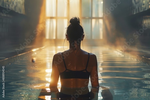 Back view of a woman meditating peacefully in a sunlit indoor swimming pool, with rays of sunlight piercing through large windows.