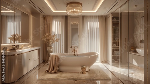 The photo shows a luxurious bathroom with a large bathtub  a marble sink  and a beautiful chandelier