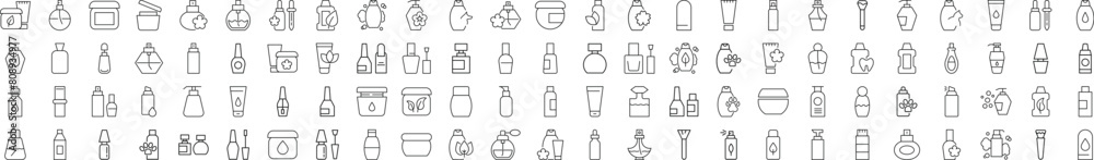 Cosmetic Bottle Icons Drawn with thin Line. Perfect for design, infographics, web sites, apps Cosmetic Bottle Icons Drawn with thin Line. Perfect for design, infographics, web sites, apps