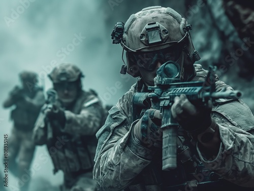 A man in a military uniform is holding a rifle and is surrounded by other soldiers. Scene is tense and serious  as the soldiers are preparing for battle