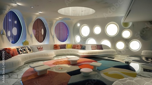 Retro futuristic living room of the future with porthole windows and multilevel seating. photo