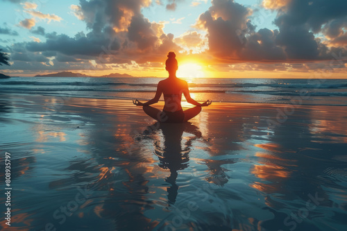 A peaceful yoga session on a tranquil beach at sunset  with calm waves in the background. AI generated.