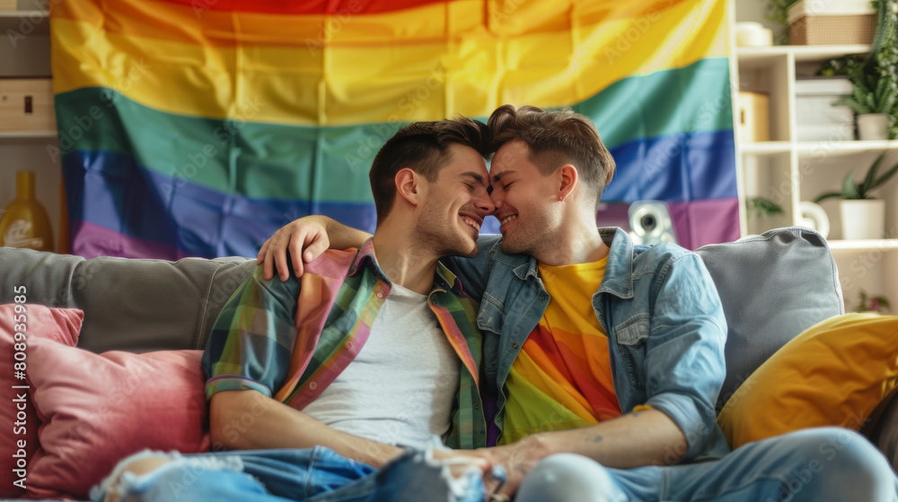 Obraz premium Close up young happy couple two gay men wear casual clothes together hug kiss shoulder sit on sofa couch at home flat rest spend free spare time in living room. Pride day june month love lgbtq concept
