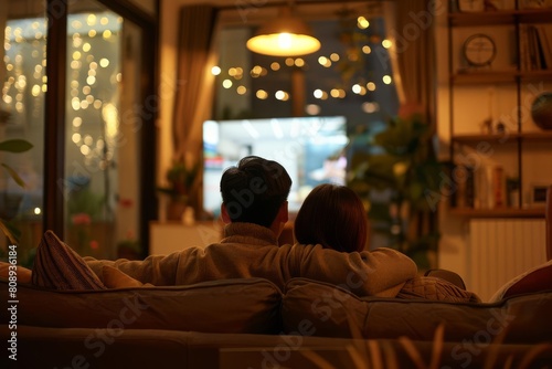 affectionate couple watching television together in cozy living room romantic evening at home rear view photography © furyon