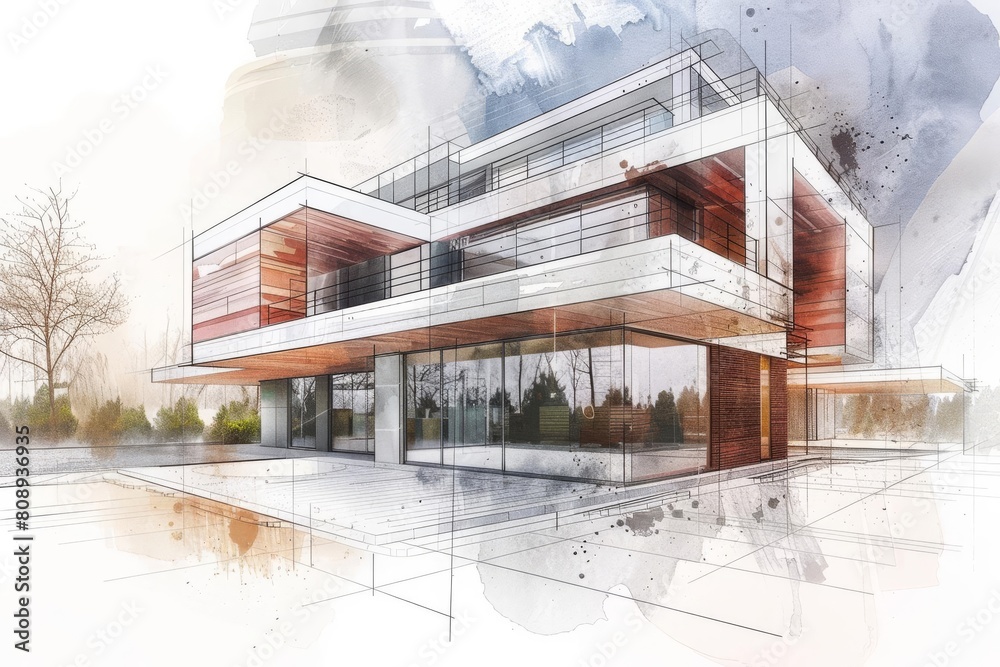 architectural handdrawn sketch of modern villa with visible construction lines conceptual building design illustration architectural handdrawn sketch of modern villa with visible construction lines conceptual building design illustration