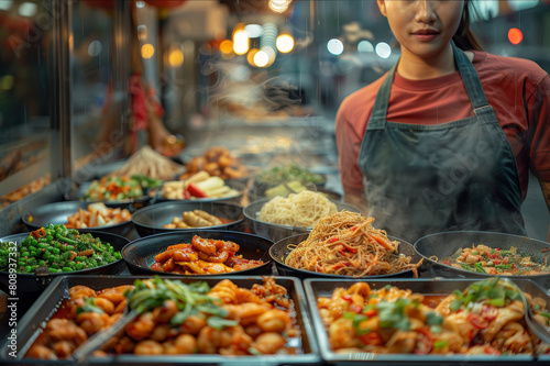 A bustling Asian street food market with vibrant stalls and diverse delicacies.. AI generated.