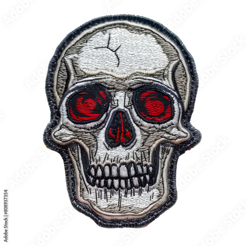 Embroidered skull patch with red eyes and teeth