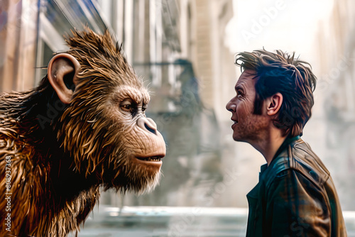 Homme face à un singe géant photo
