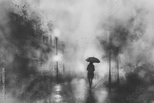 atmospheric foggy street scene with person holding umbrella captured in black and white sketch