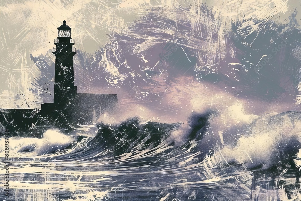 atmospheric risograph illustration of waves crashing against lighthouse grainy texture and moody colors