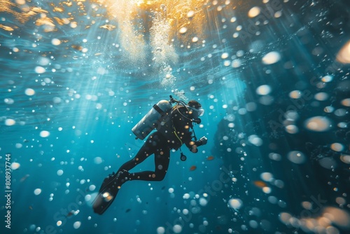 Scuba diver exploring underwater world with sunlight filtering down