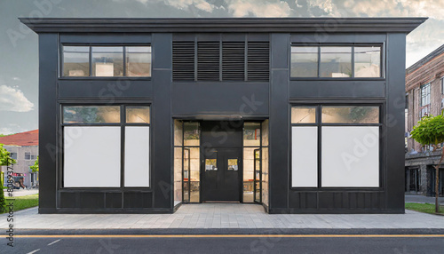 Outdoor mockup store template front view black of generic store facade with windows display and blanck posters.