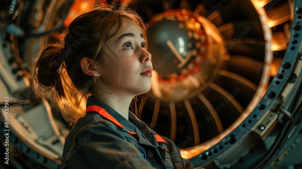 Obraz premium Under the towering jet engine A female trainee aircraft maintenance engineer will learn her career path through hands-on experience.