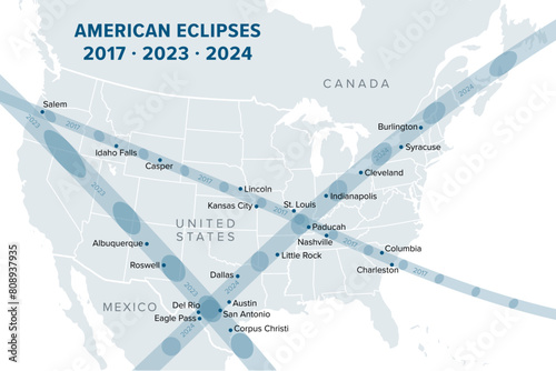 American Eclipses of 2017, 2023 and 2024, political map. Paths of the Annular Solar Eclipse of October 14, 2023, and the Total Solar Eclipses of August 21, 2017, and April 8, 2024, with major cities.