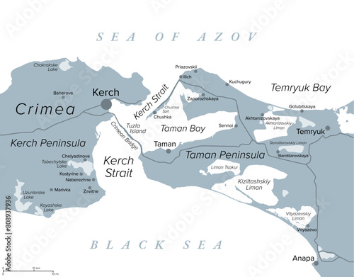 Kerch Strait in Eastern Europe, gray political map. Narrow waterway that connects the Black Sea and Sea of Azov. The Crimean Bridge connects the Kerch Peninsula of Crimea with the Taman Peninsula.