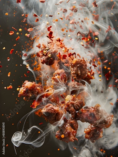 Explosive Deconstructed Ostrich Sausage Vibrant Pepper and Oil Burst Through Smoky Air