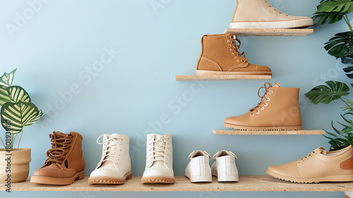 Variety of Modern Footwear Display on Shelves Against Blue Wall with Green Plants photo