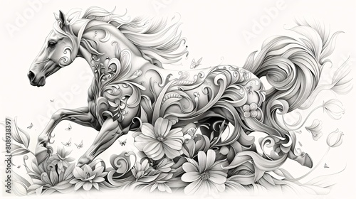 Dynamic coloring page of Horse with intricate patterns and flowers  ready for artistic touch