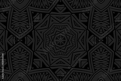 Embossed black background, tribal vintage cover design. Geometric ethnic artistic 3D pattern. Handmade, doodling, ornaments. Cultural boho motifs of the East, Asia, India, Mexico, Aztec, Peru.