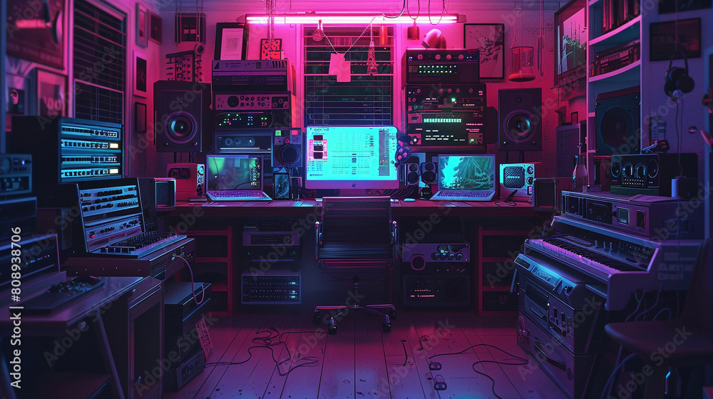Home music studio with neon lights