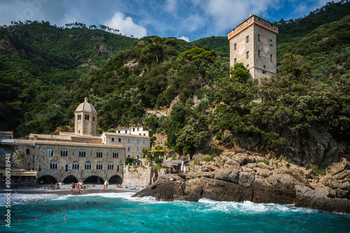 Magic of Liguria. Timeless images. Ancient abbey of San Fruttuoso, bay and historic building guarded by the FAI. Italian Environmental Fund. 