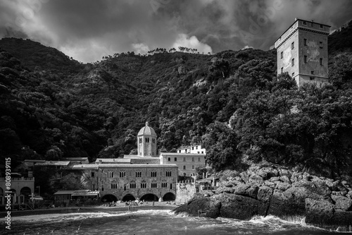 Magic of Liguria. Timeless images. Ancient abbey of San Fruttuoso, bay and historic building guarded by the FAI. Italian Environmental Fund. Black and white.