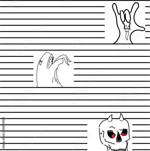 Lined notebook sheet with funny inserts in the form of a rocker musician's hand, a dinosaur and a skull.