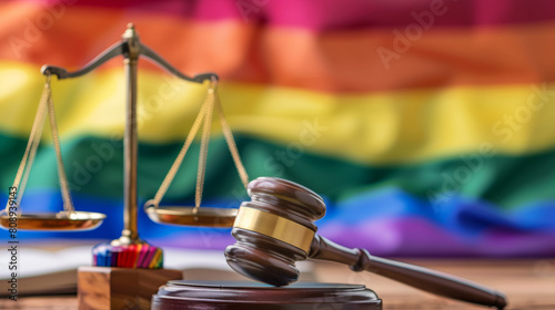 Court gavel and scales of justice with LGBT rainbow flag colors Stock Photo photography