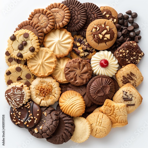 Capture the essence of scrumptious delight with a top-down shot featuring an array of cookies Rich hues and appetizing details pop against the crisp white background