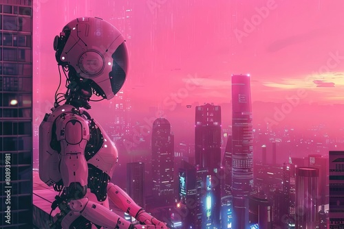 breathtaking pink skyline view with fictional aigenerated characters concept illustration