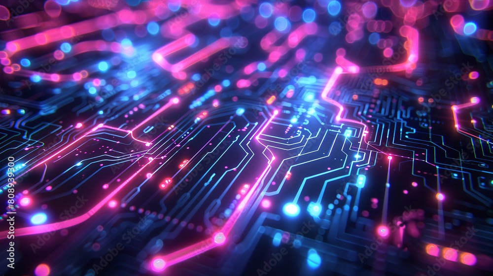 Illuminated Blue and Pink Circuit Board Technology Background with Glowing LED Lights