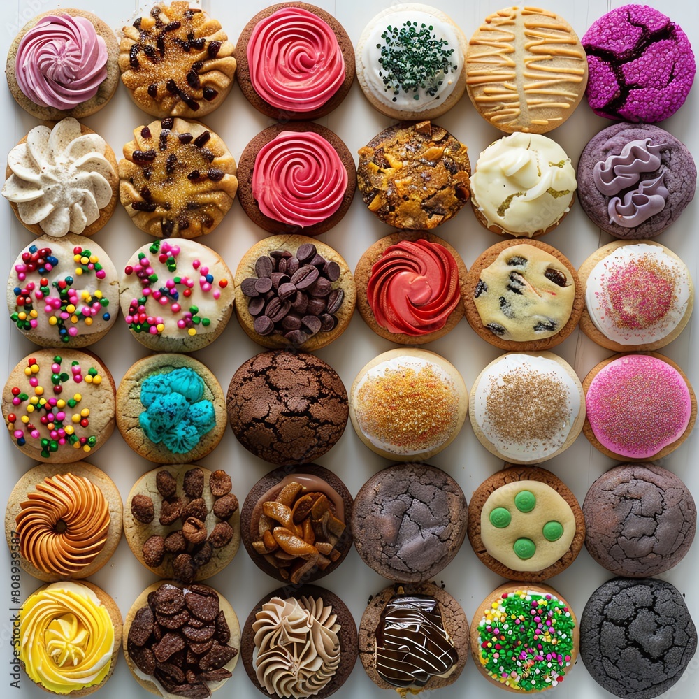 Capture a wide-angle photo of a delectable array of vibrant, mouthwatering cookies, each unique in color and texture, set against a pristine white backdrop Capture a wide-angle photo of a delectable array of vibrant, mouthwatering cookies, each unique in color and texture, set against a pristine white backdrop