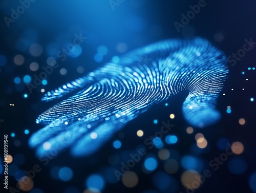 A hand is shown in a blue and white image with a lot of dots. The hand is surrounded by a lot of dots, which gives the impression of a fingerprint. The image has a futuristic