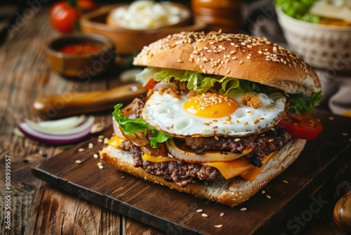 bulgogi sandwich with fried egg lettuce beef patty cheese and onion on wooden board food photography